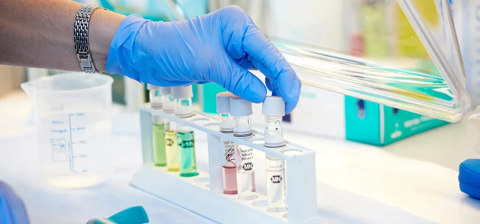 Nærbillede af små prøveglas på laboratorium og hånd iført blå plastichandske