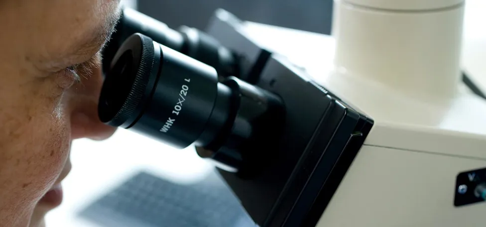 Nærbillede af kvinde, der kigger i mikroskop